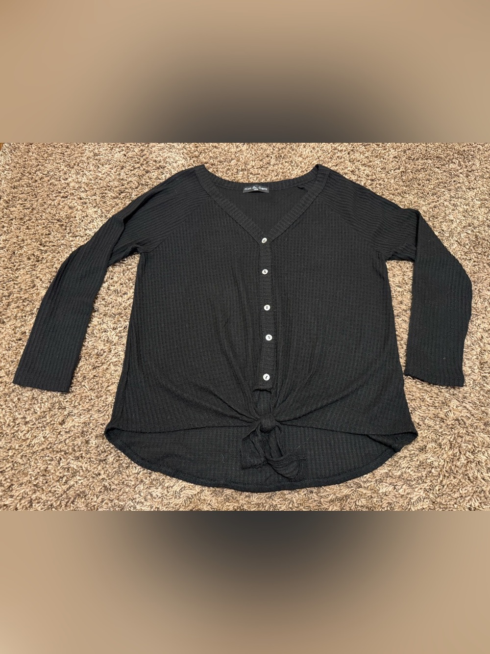 Kim & Cami Black Waffle Button up Tie Long Sleeve Shirt
